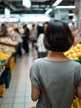 Frau beim Einkauf in einer Markthalle mit frischem Obst und Gem&uuml;se. Alltag, Lebensmitteleinkauf, Wochenmarkt, gesunde Ern&auml;hrung, Konsum, Einzelhandel und urbaner Lifestyle.