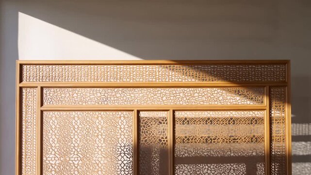 Wooden room divider with patterned cutouts and sunlight shadows in an interior
