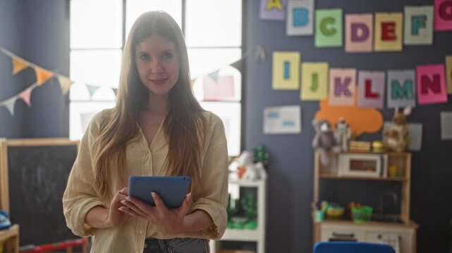 Woman teacher holding blue tablet, hands tapping screen while smiling, blonde caucasian in front of alphabet wall and toys inside bright classroom building; warmth early education.
