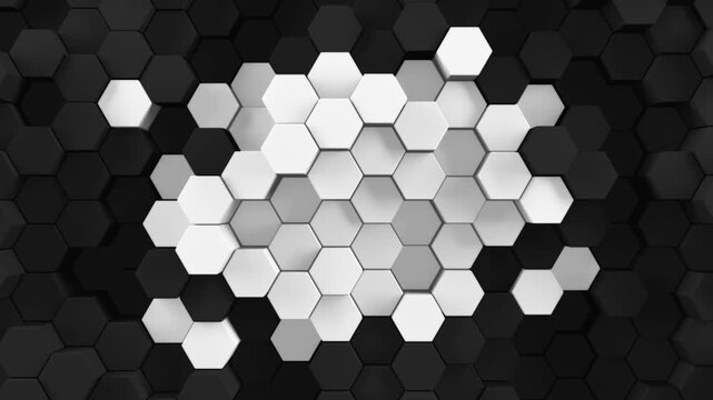 3d rendered background of patterned hexagons. High contrast black and white hex shapes moving in a loop. 3d render of random hexagonal patterns for futuristic, scientific, or technical backgrounds.