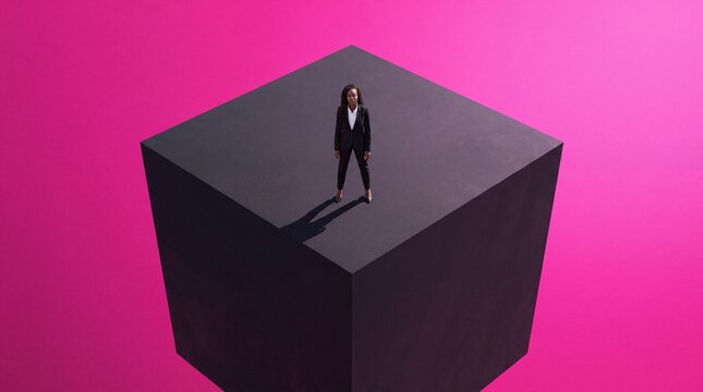 Businesswoman Standing on Top of Cube on Pink Background