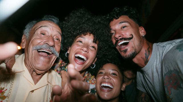 Diverse Multigenerational Family and Friends Laughing Together at Night