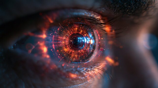 Futuristic Cybernetic Eye with Digital Holographic Interface Overlay