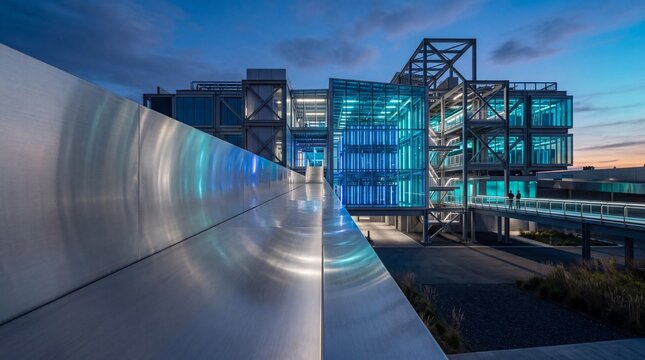 Modern High-Tech Office Building and Data Center at Dusk
