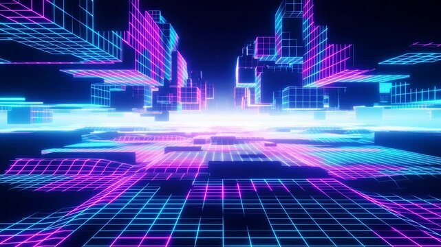 Neon wireframe cityscape with glowing grid buildings in futuristic digital space