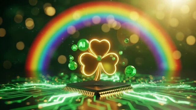 Golden glowing shamrock on a microchip with a rainbow. St. Patricks Day AI technology luck concept for future innovation banner.