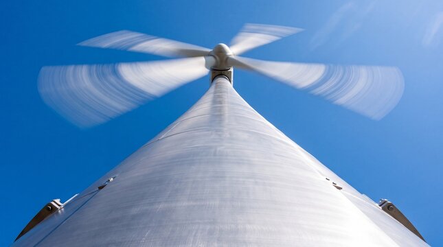 Wind Turbine Spinning Rapidly Against Blue Sky