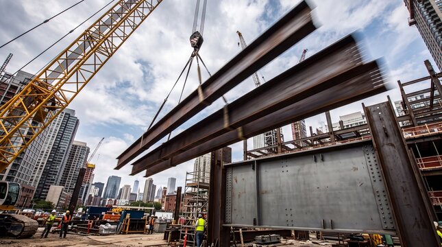 Crane Lifting Steel Beams at Urban Construction Site