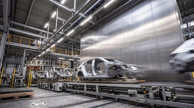 Car Bodies on Automated Assembly Line in Modern Automobile Factory