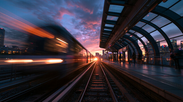 Speeding Train Passing Station Platform at Sunset