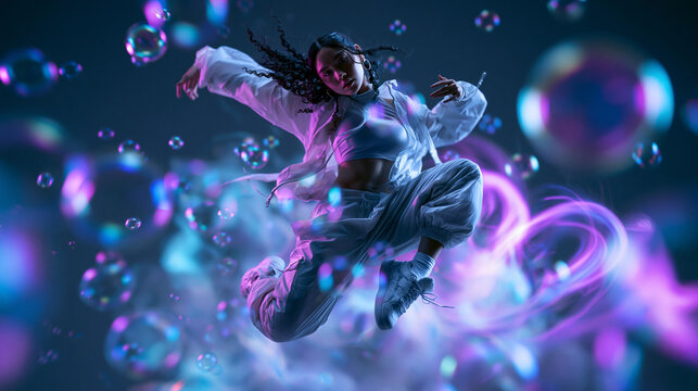 Female Hip Hop Dancer Jumping Mid Air Surrounded by Bubbles