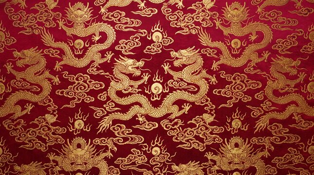 Traditional Chinese Gold Dragon Pattern on Red Silk Fabric