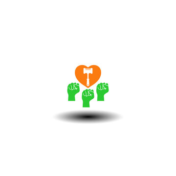 Vector illustration of three fist up to heart with gavel. Symbol of civil rights.