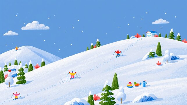 Colorful winter illustration of skiers crossing snowy mountain hills with pine trees and a cozy house