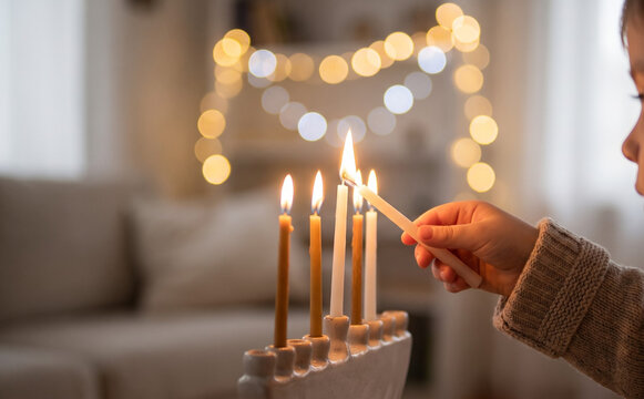 Young child lighting Hanukkah menorah candles with warm bokeh lights in a cozy living room setting