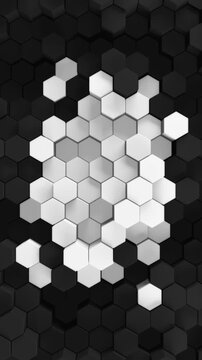 3d rendered background of patterned hexagons. High contrast black and white hex shapes moving in a loop. 3d render of random hexagonal patterns for futuristic, scientific, or technical backgrounds.