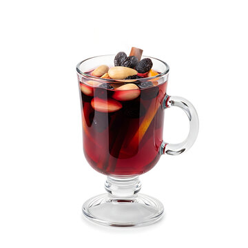 A warming mulled wine, rich with spices and fruit, served in a clear glass mug, perfect for a cozy winter evening.