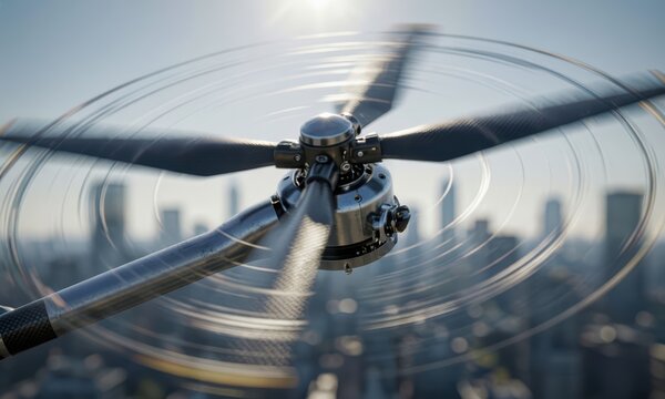 The vtol air taxi features a prominent propeller, spinning above a cityscape. This vtol air taxi emphasizes its modern design with the propeller prominently displayed.