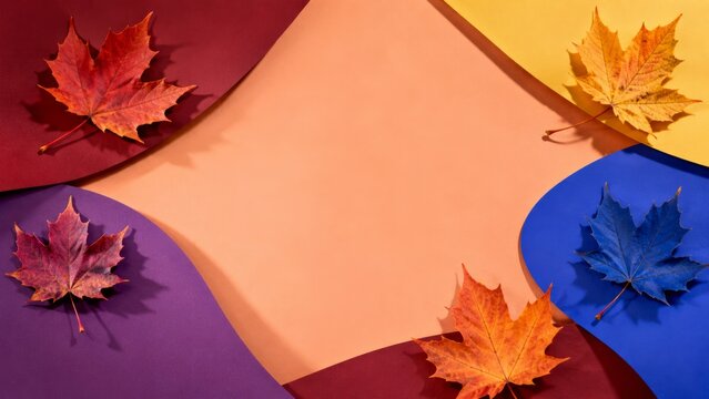 Colorful Autumn Leaves on Layered Paper with Copy Space
