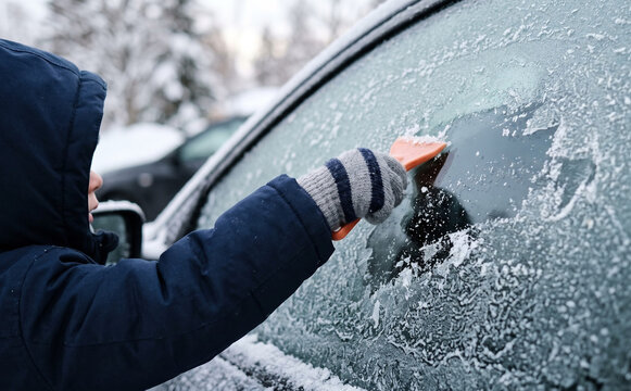 Young boy in winter jacket scraping ice from a frozen car windshield on a cold snowy morning