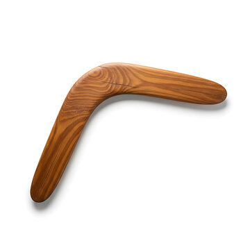 A traditional wooden boomerang, showcasing intricate grain patterns, rests in a studio setting, ready for flight.