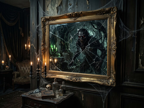 A terrifying dark demon monster with red glowing eyes breaking out from a cracked antique mirror in a haunted dark gothic room