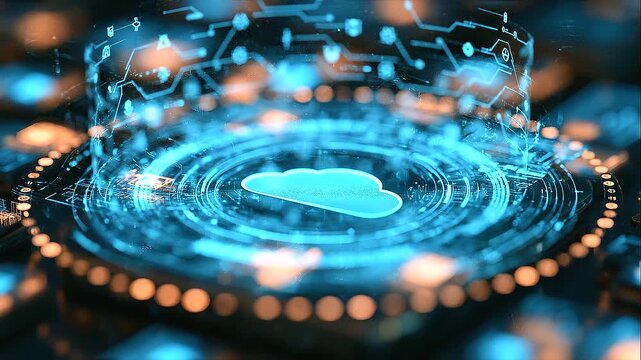 An AI-driven cloud computing concept illustrating secure file sharing, automated backups, and data encryption. The glowing digital interface represents advanced cybersecurit
