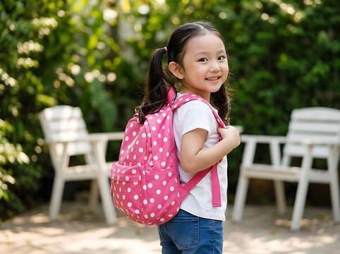 Happy Young Asian Girl Prepared for Back to School with Pink Backpack