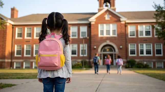 Young Girl Ready for Back to School Walking Toward Elementary Campus