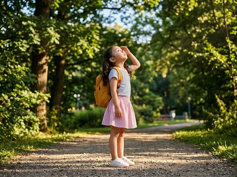 Little Girl with Pink Skirt and Backpack Ready for Back to School