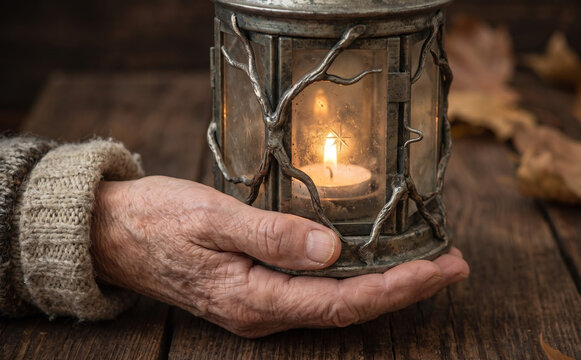 Elderly woman holding a rustic metal lantern with a lit candle inside symbolizing warmth, hope, and remembrance
