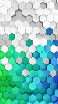 3d rendered patterned hex shapes background in white and a rainbow of color. Abstract backgrounds of hexagonal patterns in a spectrum of looping colors. Collage of hexagons in smooth loop movement.