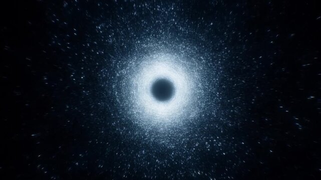 Black hole surrounded by glowing particles in deep space with central dark void