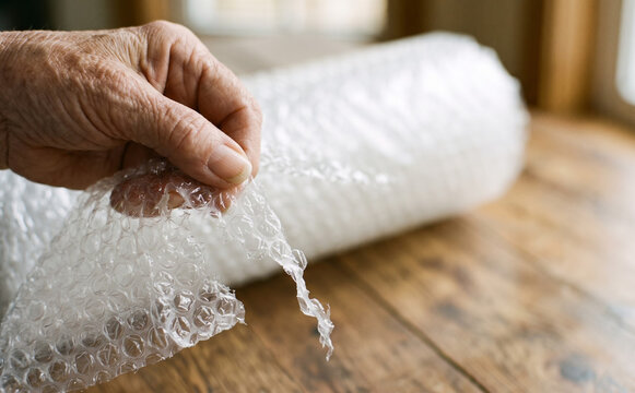 Elderly person unrolling bubble wrap on a wooden table for packing fragile items safely