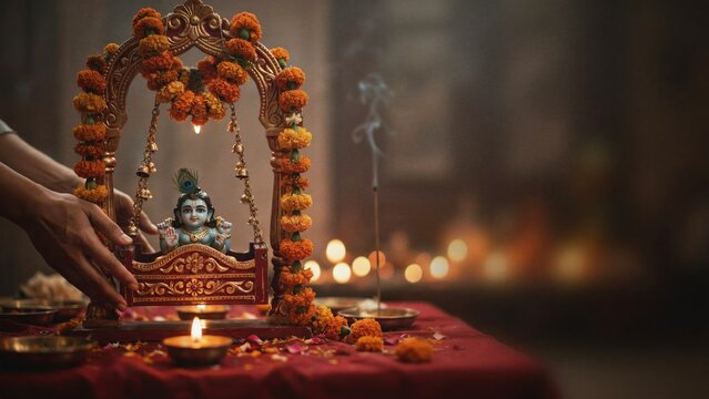 Janmashtami shrine illustration with deity cradle marigold flowers oil lamps festive cultural religious worship design concept