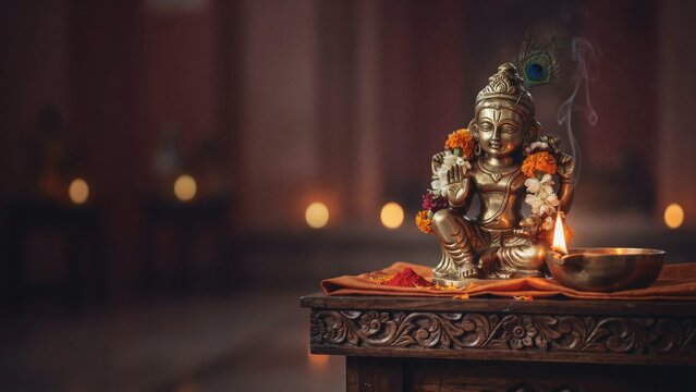 Ganesha statue illustration with flowers incense lamps spiritual hindu cultural religious worship devotion design concept