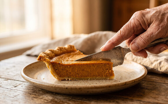 Elderly woman slicing a homemade pumpkin pie slice on a rustic plate for Thanksgiving dessert celebration