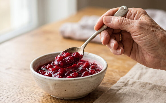 Elderly woman holding a spoon of homemade cranberry sauce from a ceramic bowl