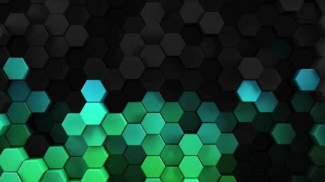 3d rendered patterned hex shapes background in black and a rainbow of color. Abstract backgrounds of hexagonal patterns in dark looping colors. Collage of hexagons in a random smooth loop movement.