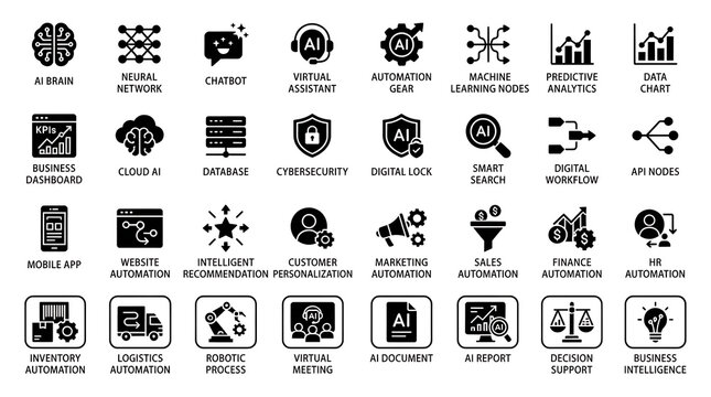 Artificial intelligence and automation icons set illustrating machine learning and digital technology.