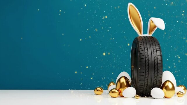 Golden easter eggs and bunny ears surrounding black car tire on blue background. Creative automotive easter concept blending vehicle and spring holiday themes. Fun decoration idea for seasonal