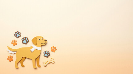 Obraz premium Dog Silhouette with Paw Prints, Paper-Cut Style Copy Space Background 犬と肉球のペーパークラフト風イラスト、ペット向けコピースペース背景