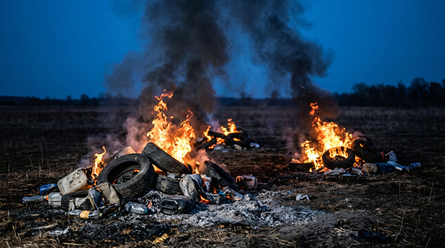 Commercial dramatic stock photo of discarded waste burning in an empty field at dusk. Industrial refuse disposal scene with intense orange flames and dark smoke columns under twilight sky.