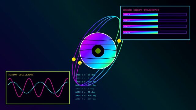 Abstract perception fusion visualization featuring rotating atomic rings and orbital data telemetry screens displayed with neon color shifting gradients against a dark void cinematic motion sequence