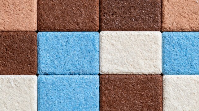 Geometric pattern of textured rectangular blocks in chocolate brown, blue, cream and beige tones