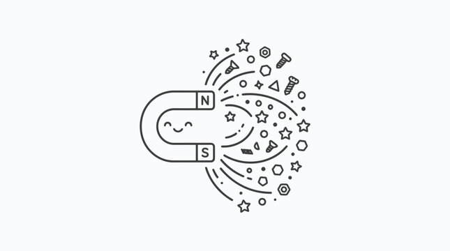 Magnet attracting various small metal hardware pieces including stars and bolts is depicted in a whimsical line art illustration that demonstrates the concept of attraction and physical force.