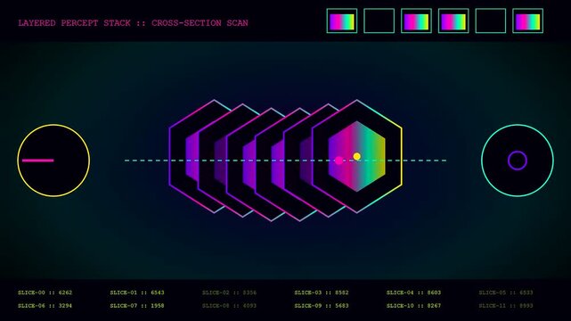 Perception fusion display showing abstract geometric shapes and neon interface elements on a dark digital monitor screen while monitoring sequential data streams during a visual scan