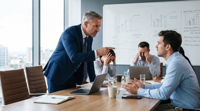 Angry boss scolding frustrated employees during a stressful office meeting