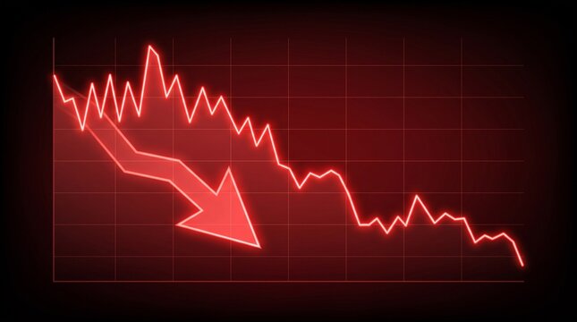 Red declining financial graph with downward arrow conceptualizing economic recession and stock market crash