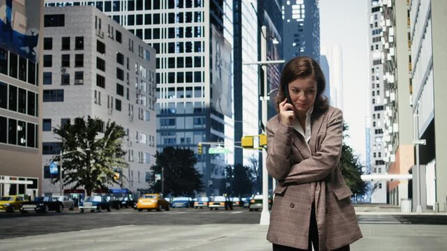 Smiling businesswoman answers a phone call in a busy downtown district; the cheerful professional uses a smartphone for a pleasant conversation while standing outdoors among city buildings.